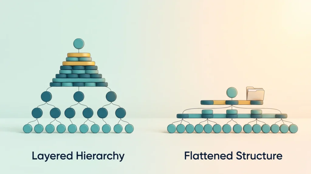 Flat vs hierarchical organization: a tall layered hierarchy beside a flattened structure where fewer managers lead wider teams.