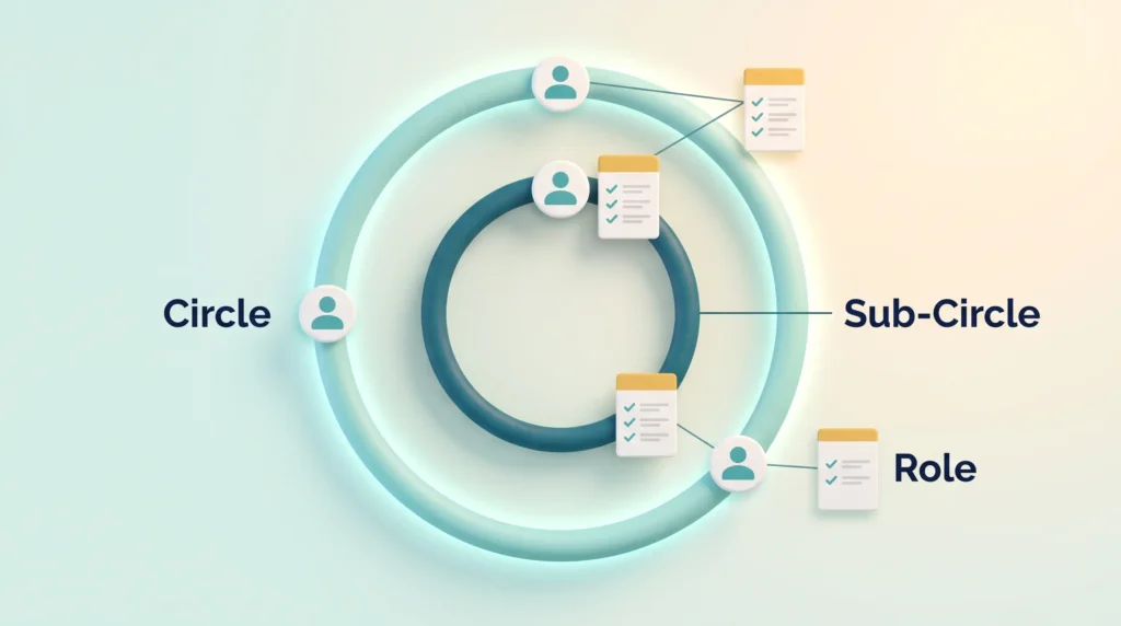Holacracy structure shown as a circle containing a sub-circle, with written role cards and one person holding roles in both circles.