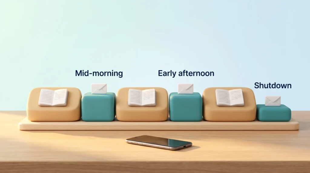 Email batching schedule on a desk planner: focus blocks alternate with three email blocks at mid-morning, early afternoon and a short shutdown pass.
