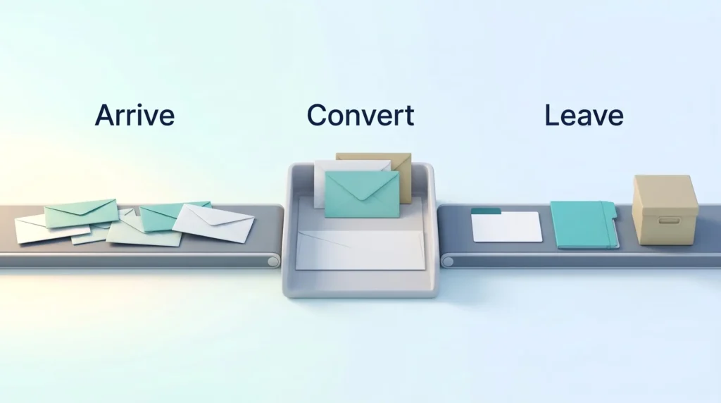 Inbox zero illustration: envelopes arrive on a conveyor, pass through a letter tray to convert, and leave as a task card, folder and archive box.