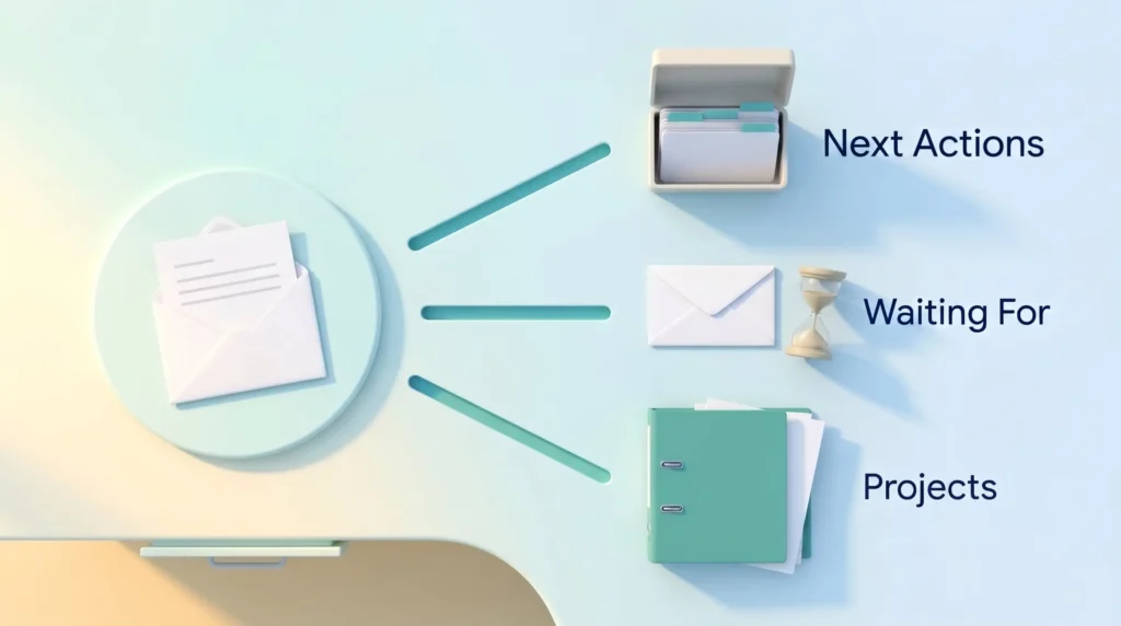 Process email the GTD way: an opened message on a sorting pad is routed to Next Actions, Waiting For or Projects, then the thread is archived.