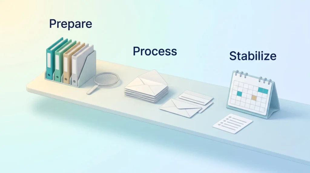 Email management quick start in three stages: prepare folders and filters, process the envelope stack, then stabilize with calendar blocks and a checklist.