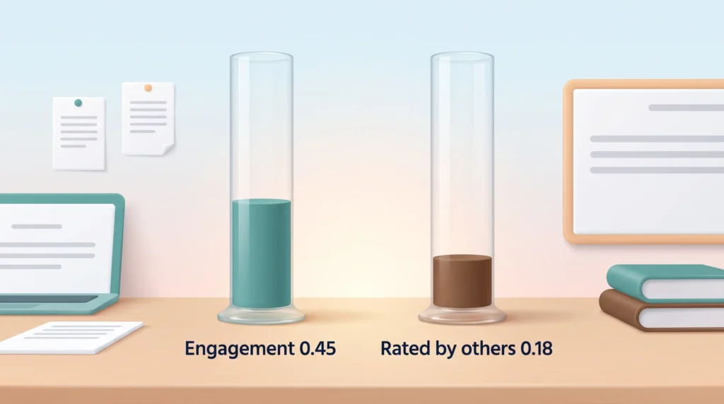 Two glass columns comparing job crafting correlations, engagement at 0.45 filled far higher than performance rated by others at 0.18.