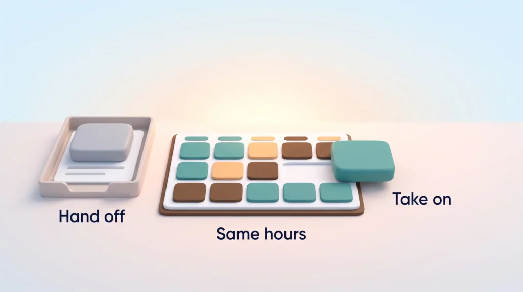 Task crafting as a trade: a grey block is handed off to a tray while a teal block takes on the freed slot in the weekly planner.