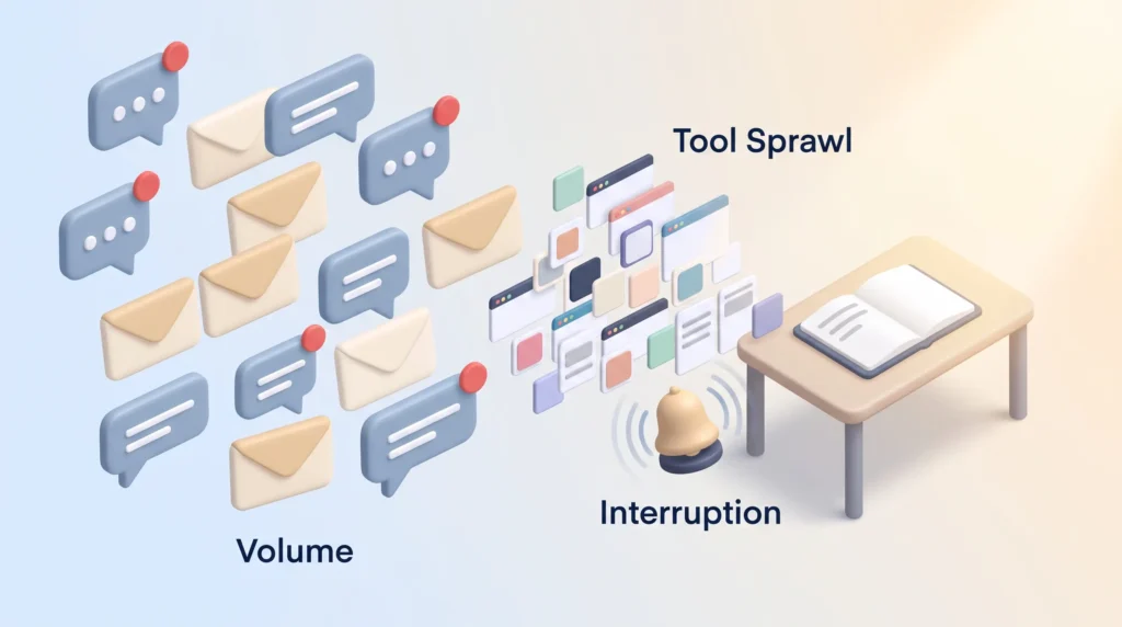 Sources of Information Overload Information overload sources: a high volume of emails and chats, tool sprawl across many apps and a ringing interruption bell crowding one desk.