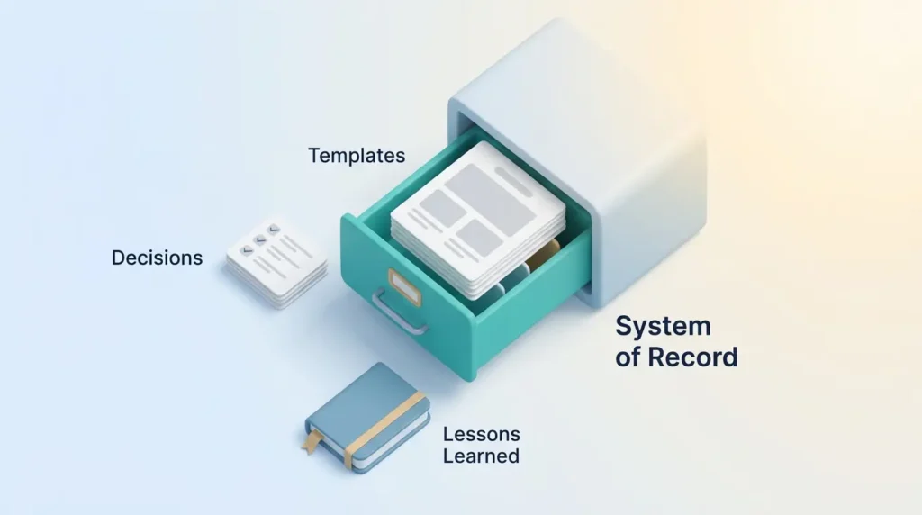 Knowledge Work System of Record Open filing cabinet as one system of record that keeps decisions, templates and lessons learned together for knowledge work.