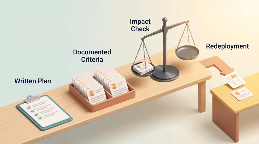Layoff management workflow on a workbench: written plan, documented criteria, impact check on a balance scale and redeployment to another desk.