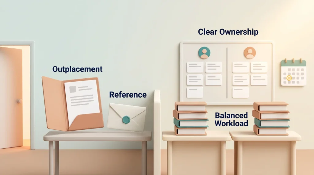 Supporting laid-off employees with outplacement and a reference, while remaining staff get clear ownership and a balanced workload.