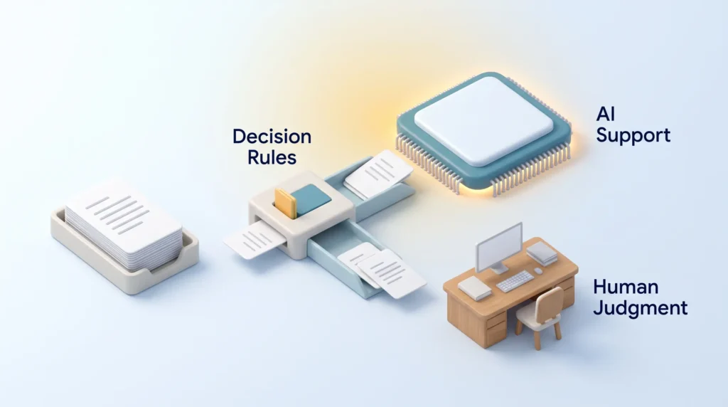 AI in leadership shown as a sorting station applying decision rules that route some cards to AI support and others to human judgment