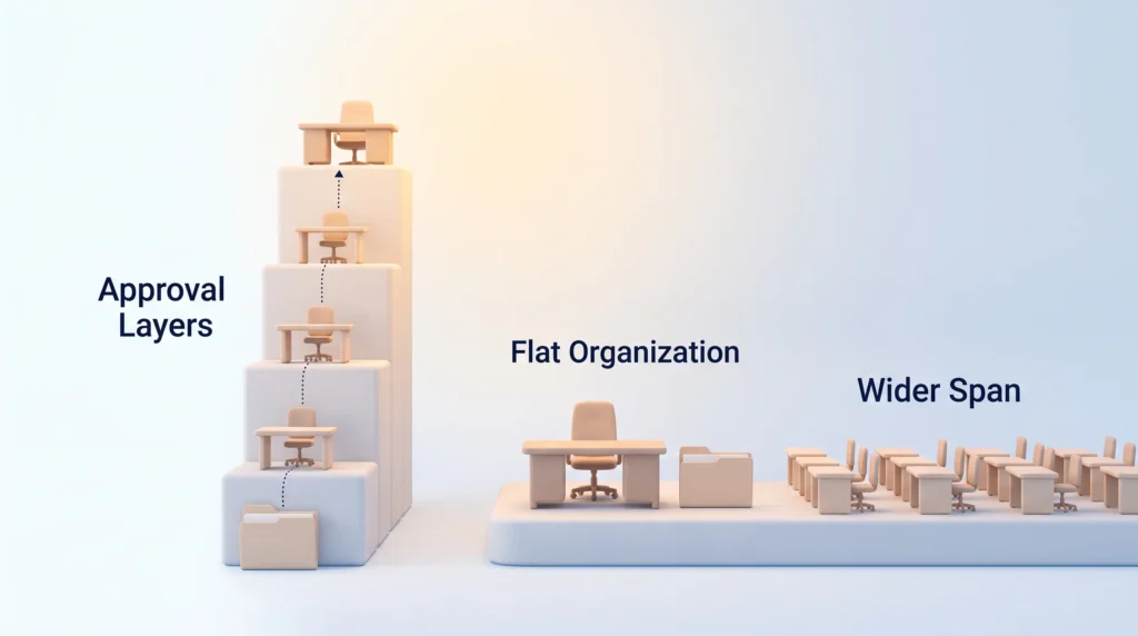 Flat organizations versus approval layers, where a folder climbs several levels to the decision desk instead of resting beside it next to a wider team