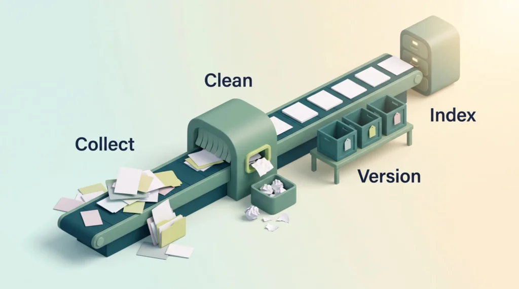 LLM Data Preparation Pipeline Data pipeline for large language models: raw documents are collected, cleaned of duplicates, versioned and fed into the retrieval index.
