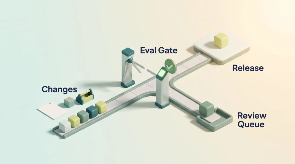 LLM Evaluation Gate in CI Automated evaluation gate for LLM deployment: prompt, model and tool changes pass to release or are routed to a review queue.