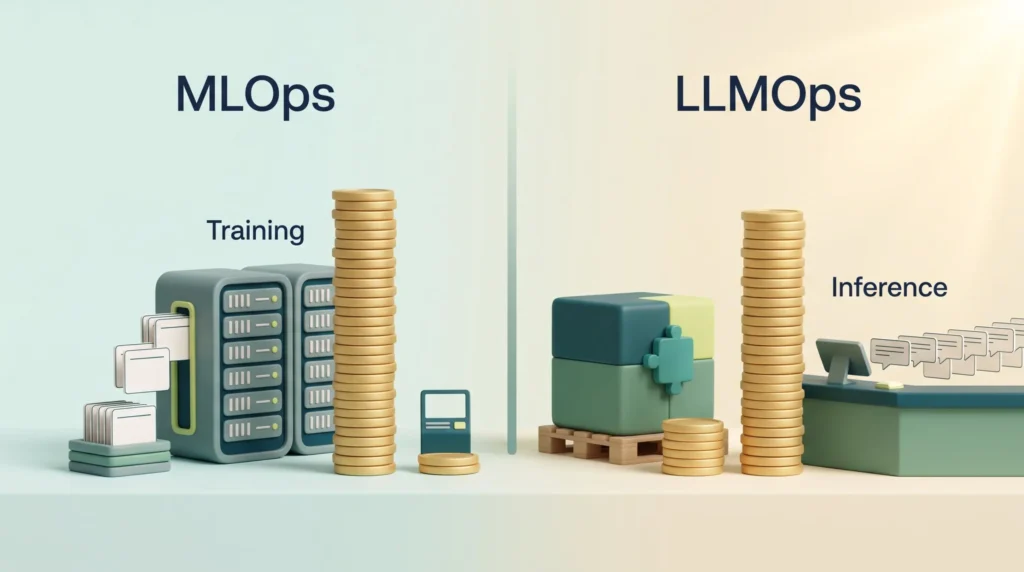 MLOps vs LLMOps Cost Profiles LLM ops strategy comparison: MLOps spends most on training, while LLMOps adapts a pre-trained foundation and spends most on inference.