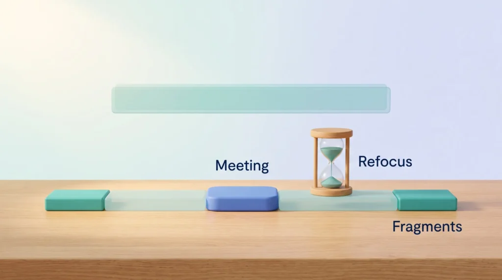 Meeting Switching Cost on an Afternoon Maker vs manager schedule cost: one meeting splits an afternoon, an hourglass marks the refocus time and only short fragments remain