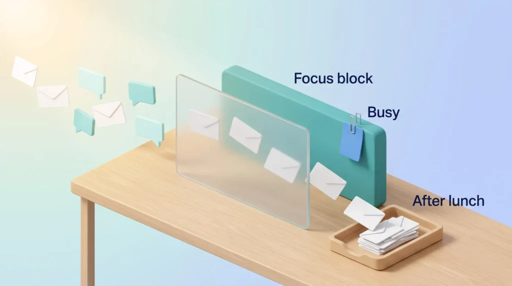 Protected Focus Block With Guardrails Glass guardrail in front of a teal focus block marked busy, diverting incoming invites and pings to an after lunch tray to protect focus time