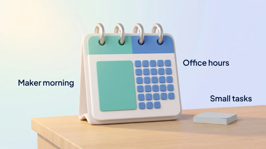 Split Workday With Office Hours Desk calendar split into a long teal maker schedule morning block and clustered blue office hours slots, with sticky notes for small tasks