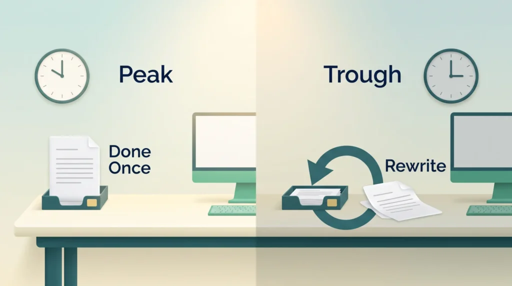 Peak vs Trough Proposal Writing Manage your energy not time: a proposal written at the 10 o'clock peak is done once, while the 3 o'clock trough draft loops back for a rewrite.
