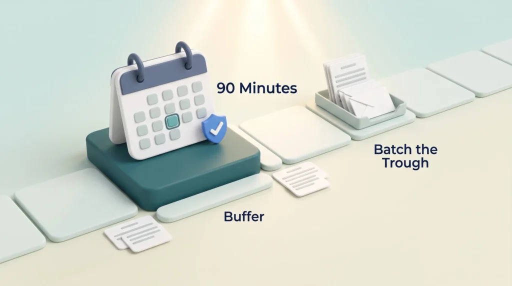 Protected 90 Minute Peak Block A protected 90 minute deep work block on the day timeline, guarded by a buffer, with email and admin batched into the afternoon trough.