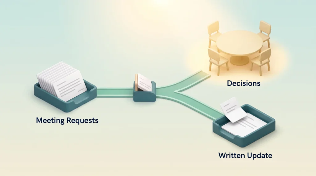 Team Meeting Routing by Type Team energy management: incoming meeting requests are sorted, decisions go to a shared meeting table and status updates become a written update.