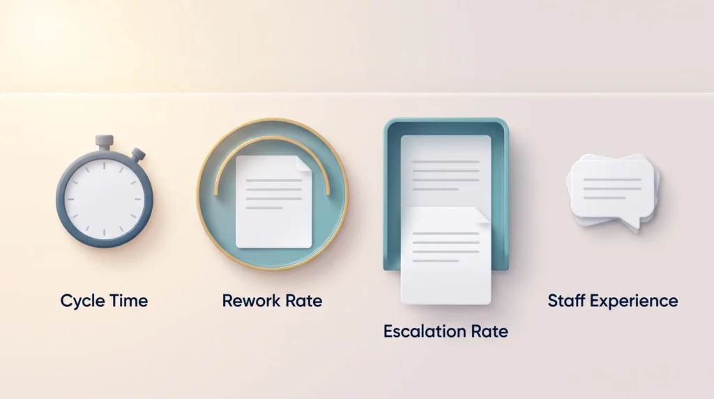 Four Metrics for Supervising AI Agents Four equal stations for supervising AI agents: stopwatch for cycle time, return tray for rework rate, handover tray for escalation rate, feedback cards for staff experience.