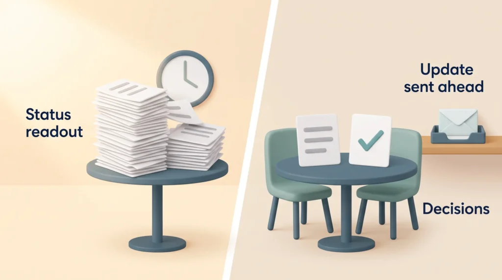 One-on-One Agenda Instead of Status Readout One-on-one agenda with the update sent ahead, so the meeting moves from a status readout to decisions at a clear table