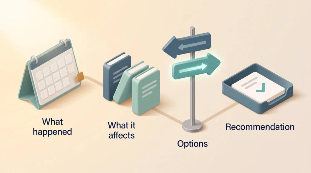 Raising Problems Early With a Recommendation Status update to manager raising a slipped date: what happened, what it affects, the options, and a recommendation ready to decide