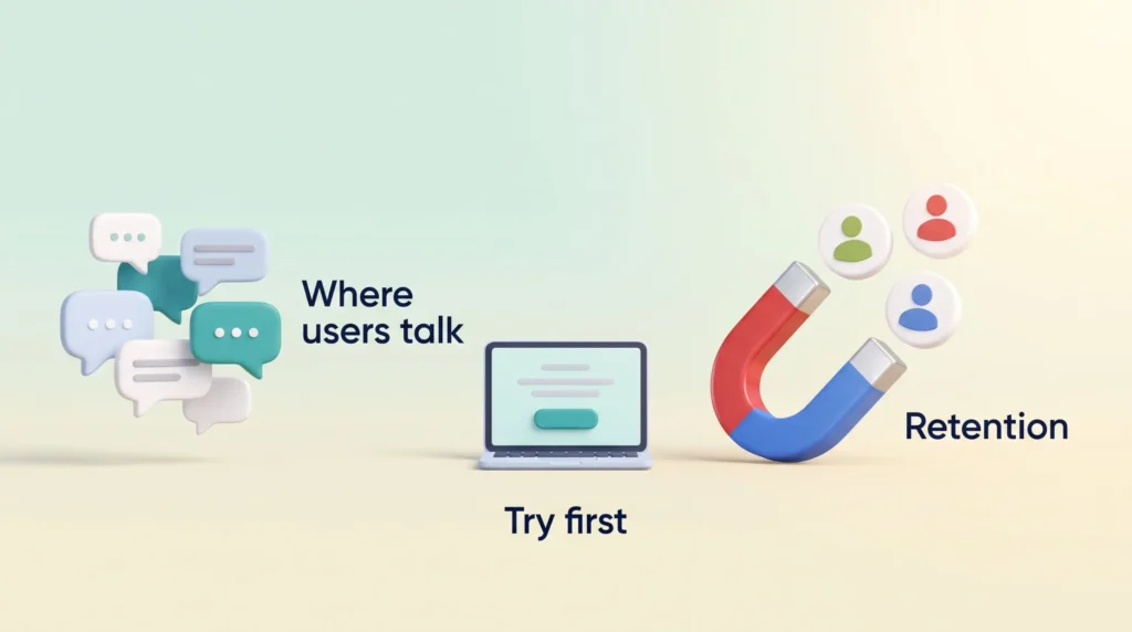 Micro SaaS business model growth: chat bubbles where users talk, a laptop to try the product first and a magnet holding customers for retention