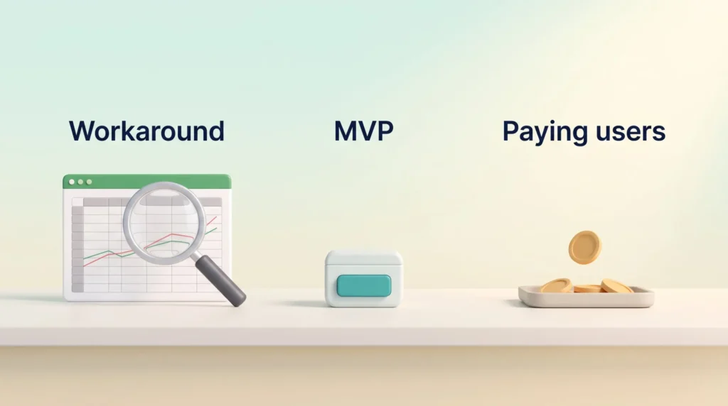 Testing micro SaaS ideas in three steps: a spreadsheet workaround under a magnifying glass, a one-button MVP and coins from paying users