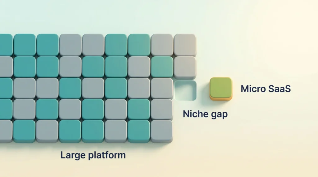 Niche SaaS tile ready to fill the one empty slot in a large platform of identical tiles, showing the gap big vendors leave open