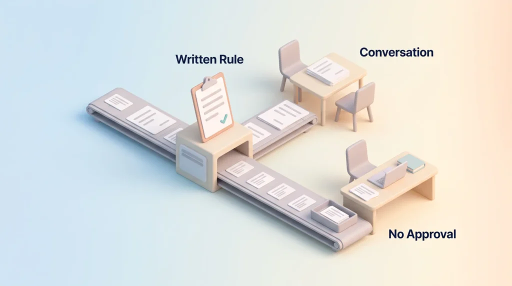 Written Decision Rules for Wider Teams Refund slips pass a written rule: small ones go to the team with no approval, large ones to a conversation, easing a wide span of control.