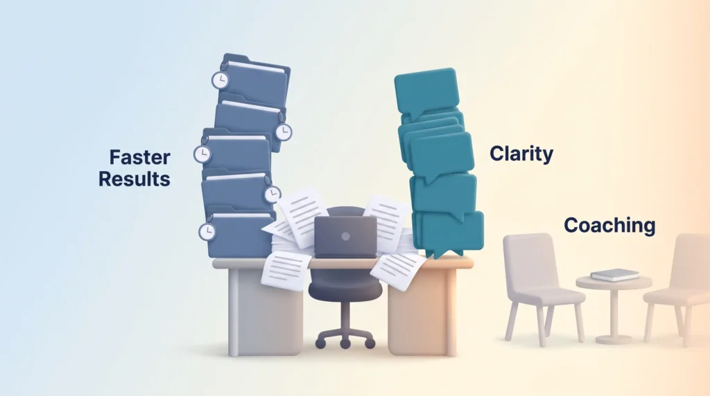 Squeezed Middle Manager Desk A middle management desk squeezed between demands for faster results and team requests for clarity, with the coaching chairs left empty.