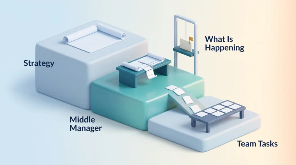 Middle Manager Role Between Strategy and Team Stepped tiers show how middle managers turn strategy into team tasks and report what is happening on the ground back up.