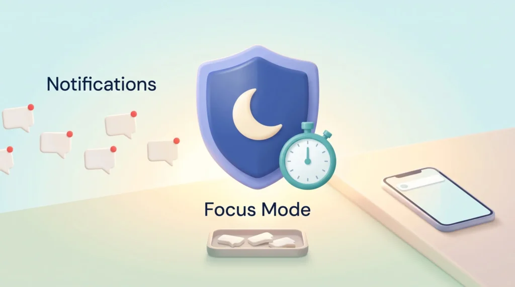 A shield with a moon and stopwatch stands for focus mode with a timer, stopping notifications with badges before they reach the phone.