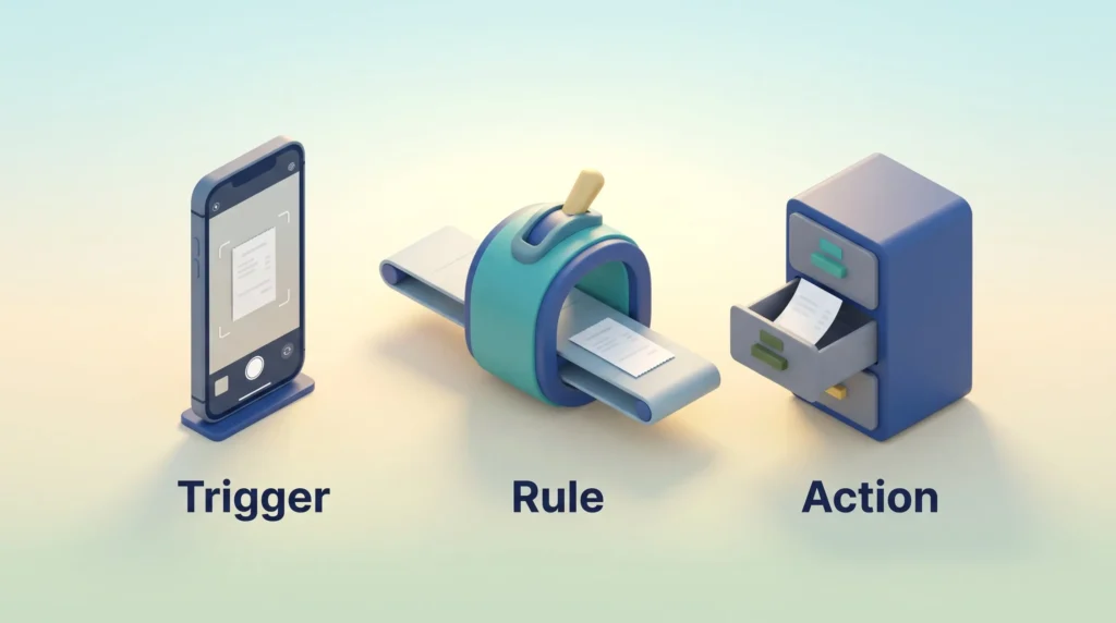 Phone automation as trigger, rule and action: a receipt photo travels through a sorting rule and lands in the right filing drawer.