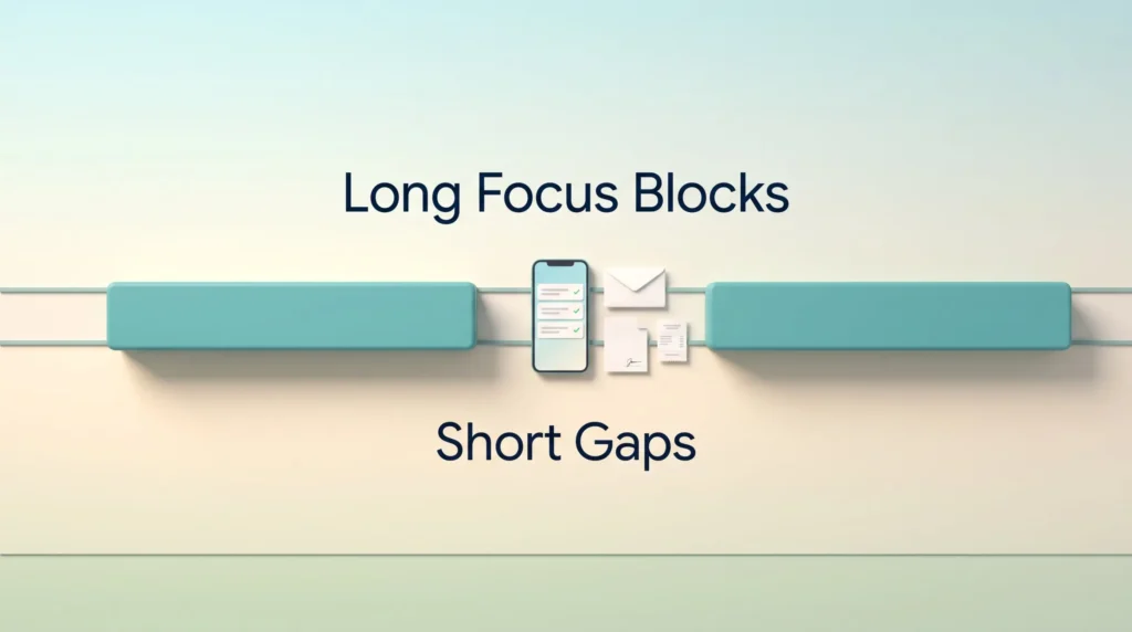Workday timeline with long focus blocks and a phone clearing replies, approvals and receipts in the short gaps, the core of mobile productivity.