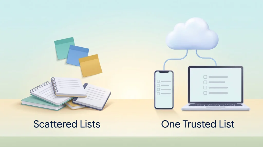 Scattered notepads and sticky notes compared with one trusted task list that syncs through the cloud between phone and laptop, a calm mobile workflow.