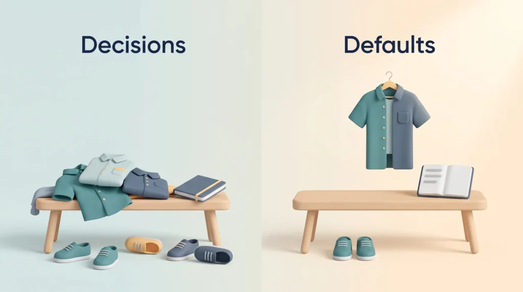 Morning Routines Turn Decisions Into Defaults Morning routines compared: a cluttered bench of open decisions on the left, one outfit, one pair of shoes and a short list as defaults on the right.