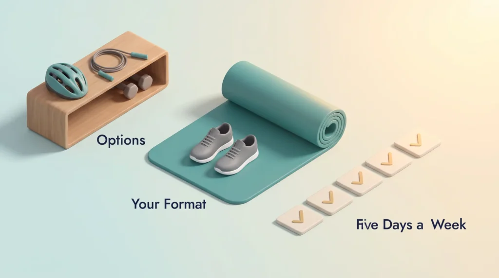 Choosing an Exercise Format You Repeat Exercise options on a shelf, a teal yoga mat with running shoes as your format, and five ticked tiles for a productive morning routine five days a week.