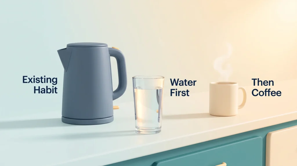 Water First Morning Habit Stacking A glass of water set beside the kettle as an existing habit, with coffee after it, showing water first as one of the simplest morning habits.