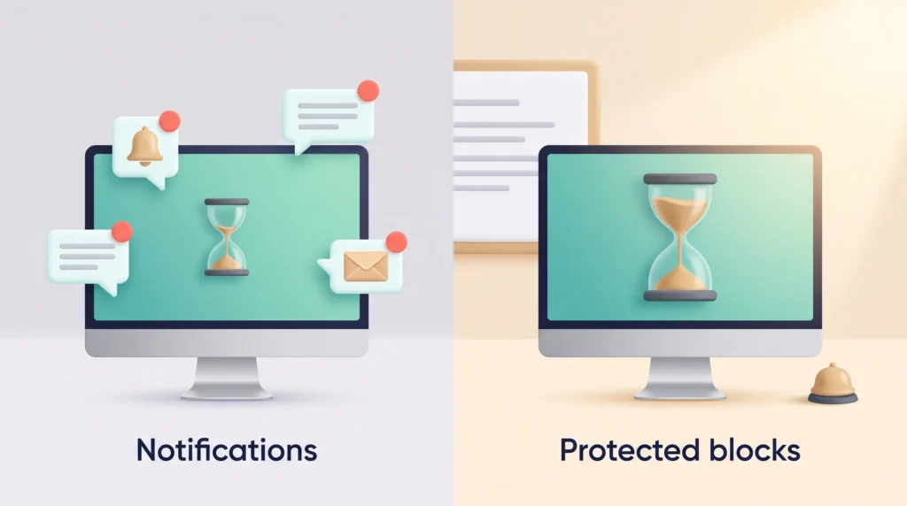 Notifications Versus Protected Focus Blocks Attention span: a monitor ringed by notifications with a running out hourglass beside a calm monitor with a full hourglass for protected focus blocks.