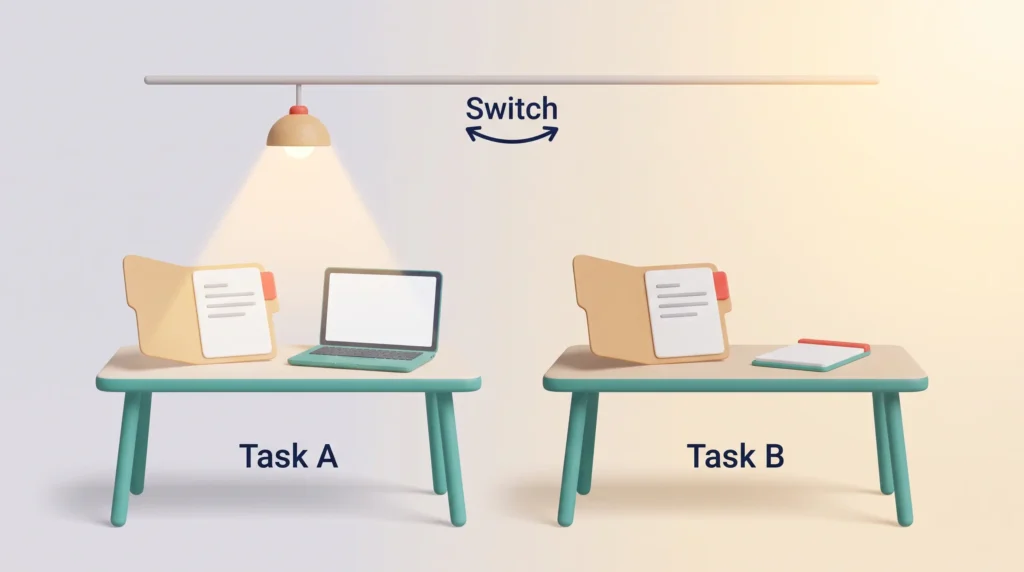 Attention Switching Between Two Tasks Multitasking productivity explained: a single lamp on a rail lights only Task A while Task B waits, showing how attention switches between tasks.