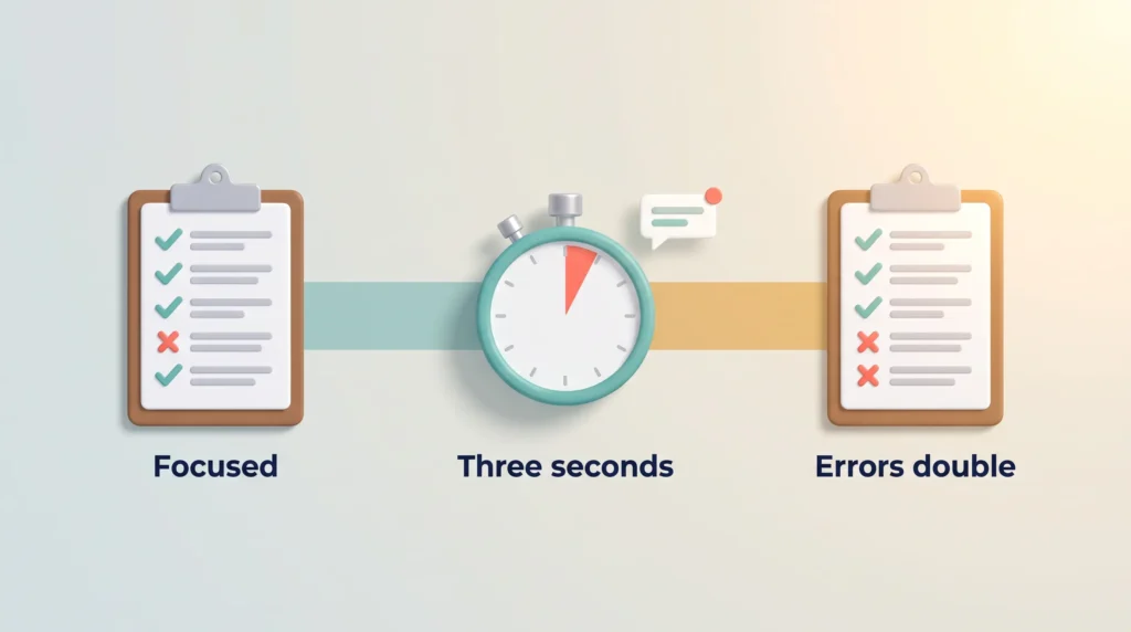 Three Second Interruptions Double Errors Workplace interruptions: a stopwatch marks a three second interruption between a focused checklist and one where task switching errors double.