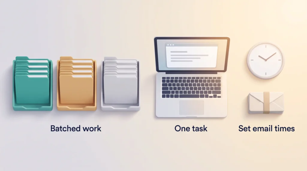 Single Tasking With Batched Work Single-tasking at work: batched folder trays, a laptop with one open window, and bundled email set aside next to a clock for fixed email times.
