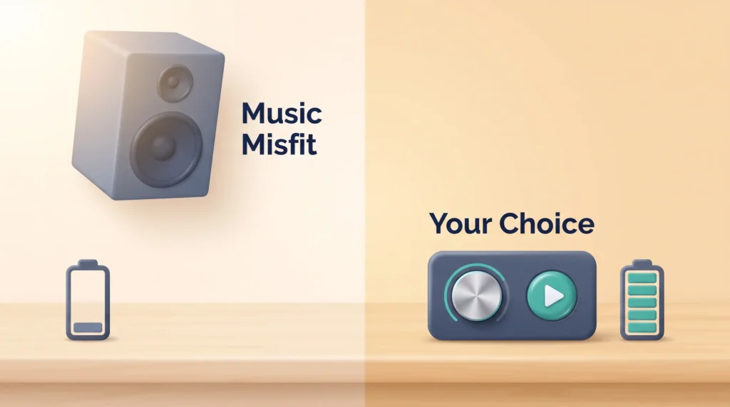 Music Misfit Versus Your Own Choice Fixed office speaker labeled music misfit with a drained battery next to a personal control panel with a full battery, showing background music at work.
