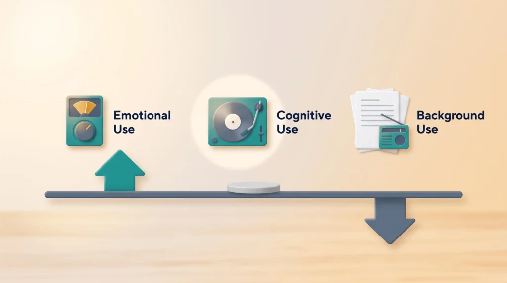 Three Ways People Use Music at Work Emotional use of music while working points up, cognitive use sits flat on the baseline and background use points down toward lower job satisfaction.