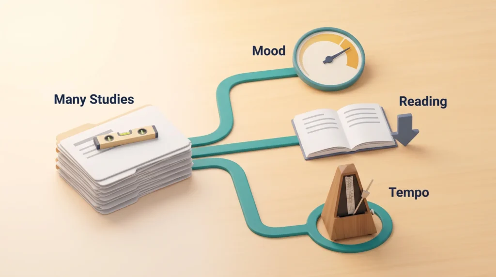 Music and Productivity Research Findings Music and productivity research: pooled studies with a flat average branch into three findings on mood, reading and tempo.