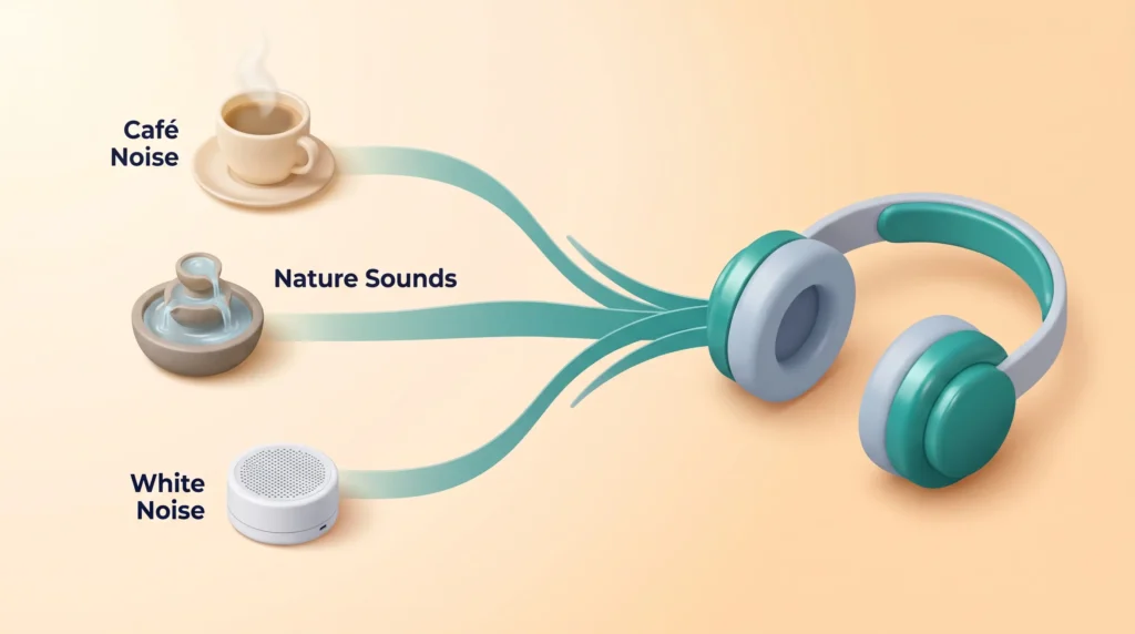Steady Sound Alternatives to Music Café noise, nature sounds and white noise flowing as steady sound waves into teal headphones as alternatives to music for concentration.