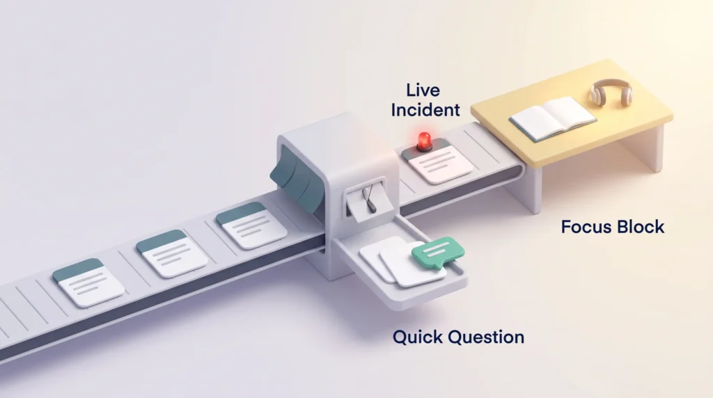 No-Meeting Hours Guardrails Sorting station that lets only a live incident through to the focus block, while quick questions go to a chat tray as no-meeting hours guardrails.