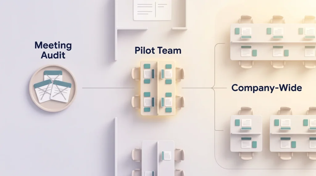 No Meeting Policy Pilot Rollout Office floor plan showing a no meeting policy rollout: a meeting audit first, then one pilot team, then company-wide focus blocks.