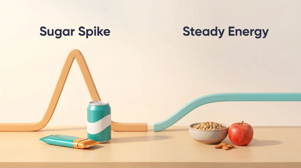 Nutrition and Productivity Energy Curve Nutrition and productivity compared: a sugar spike from a snack bar and soda versus steady energy from whole grains, an apple and almonds